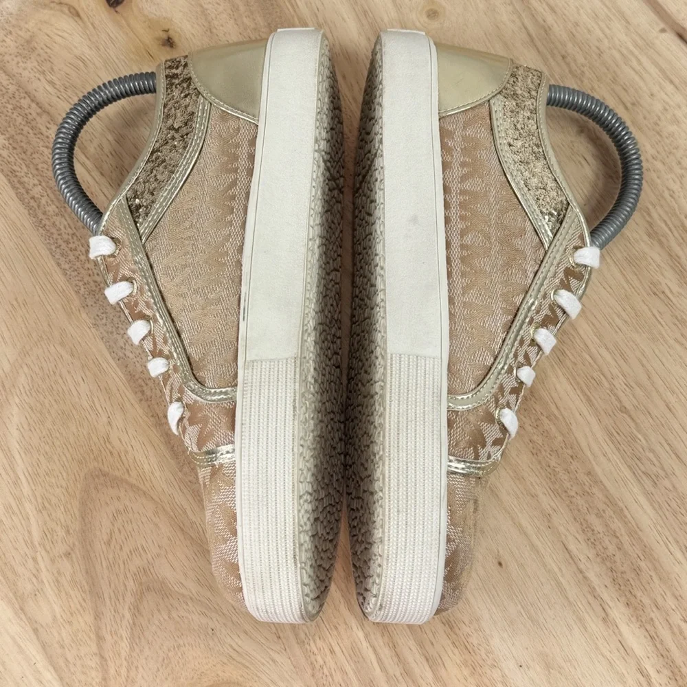 Michael Kors Cali Starla 2‎ Logo Jacquard Glitter Sneakers Tan Gold 3 Big Kids